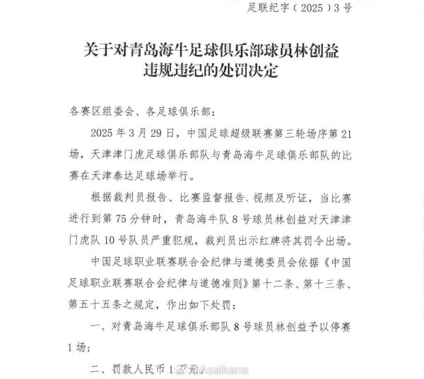 青岛海牛林创益追加停赛1场，罚金1万元。 ​​​体育录像/图片